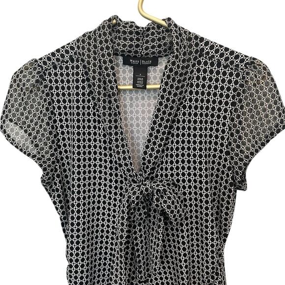 WHBM Black White Blouse Tie Front Cap Sleeve Career Smart Casual Work Size S EUC - Picture 3 of 6